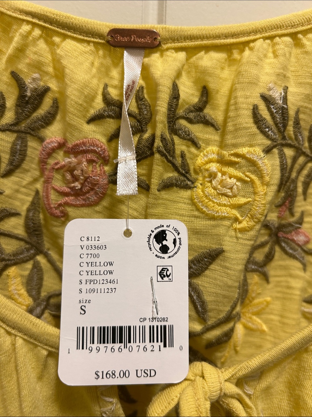 NWT Free People Yellow Plumeria  Embroidered Peasant Blouse - Picture 3 of 5